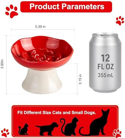 Ceramic Slow Feeder Bowl for Cats and Small Dogs, Elevated Tilted Pet Food Dish, Whisker Friendly Anti-Vomit Design, Heavy Stable Base, Dishwasher Safe， 5 Colors Options (Ruby Red) - Image 2