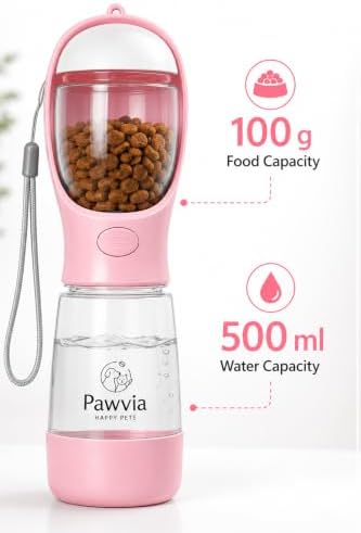 Portable Dog Water Bottle with Food Container, Leak-Proof Travel Water Dispenser, 500ml Water & 100g Food, Pink - Image 2