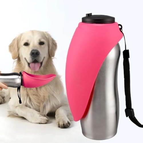 Portable Dog Water Bottle, 24 oz, Stainless Steel, Convenient Pet Water Dispenser, Collapsible Travel Bowl, Walking, Hiking, and Outdoor Activity, Compatible with Various Pets, Houd2Go (Pink, 24oz) by Unknown
