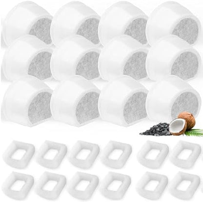24 Pack Cat Water Fountain Filters Replacement, 12 Carbon Filters and 12 Foam Sponge Pre-Filter Fit for Multiple Ceramic and Stainless Steel Pet Fountains by Porens