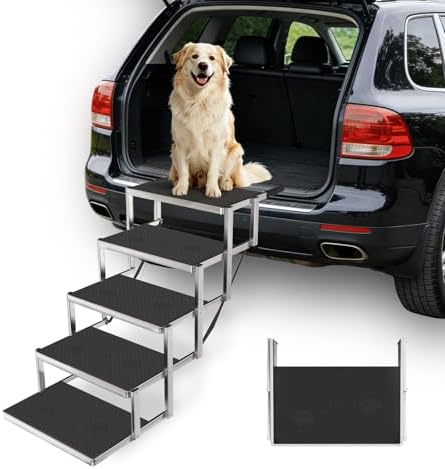 Dog Steps for Car & SUV – 5-Step Foldable Pet Stairs for Large Dogs, Non-Slip Heavy-Duty Plastic Dog Stairs, Lightweight & Portable Vehicle Access, Great Alternative to Dog Ramp for Truck by Unknown