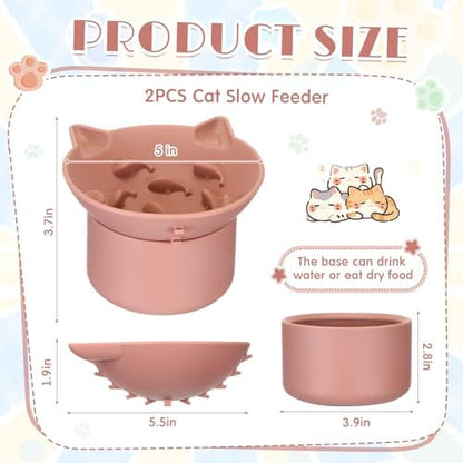 Funnymoom 2 Pack Silicone Cat Slow Feeder, Elevated Slow Feeder Cat Bowl for Dry and Wet Food, Tilted Design with Non Slip Base, Adjustable Angle for Pet(Green and Brown) - Image 2