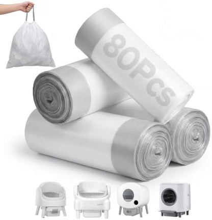 Self Cleaning Litter Box Bags – 4 Rolls (80 Count) Drawstring Liners for Automatic Litter Box, Heavy Duty Leak-Proof, 24.8"x12.6" Fits Most Automatic Waste Drawers by Auto-cleanMoretime