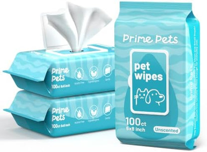 Prime Pets Dog Wipes for Paws and Butt, 300 Count, 8" x 6" Pet Grooming Wipes for Dogs Cats Cleaning Deodorizing, Unscented Dog Paw Wipes, Puppy Wipes for Face Bum Eyes Ears Teeth by PrimePets