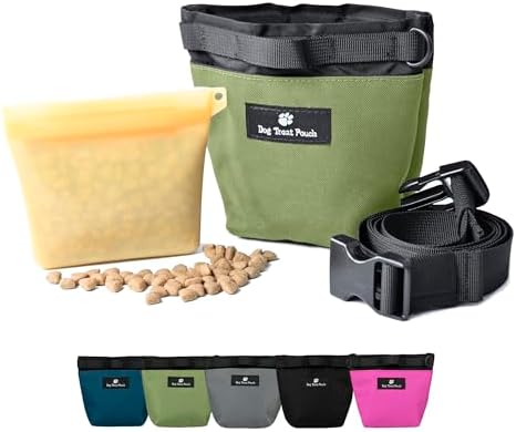 Dog Treat Pouch for Training,2 Cup Capacity with Silicone Liner for Dry or Wet Food,Fanny Pack for Dog Walking and Puppy Rewards,Hands-Free Adjustable Waist Carry Bag (Green) by JURUAA