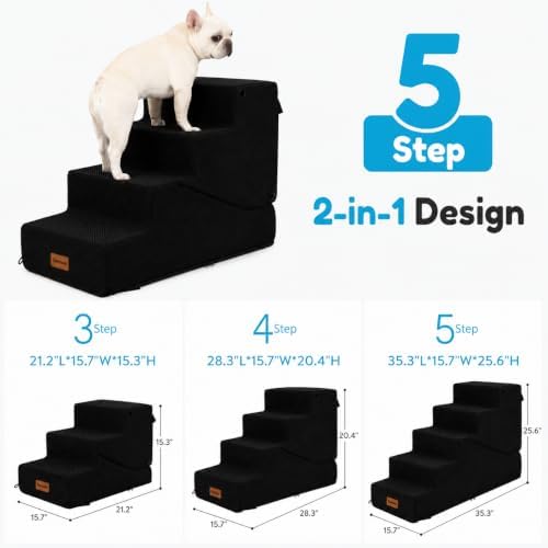 5-Step Dog Stairs and Ramp for Small Dogs and Cats, Pet Steps for High Bed with Non-Slip Bottom, Black - Image 2