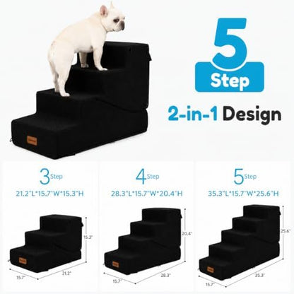 5-Step Dog Stairs and Ramp for Small Dogs and Cats, Pet Steps for High Bed with Non-Slip Bottom, Black - Image 2