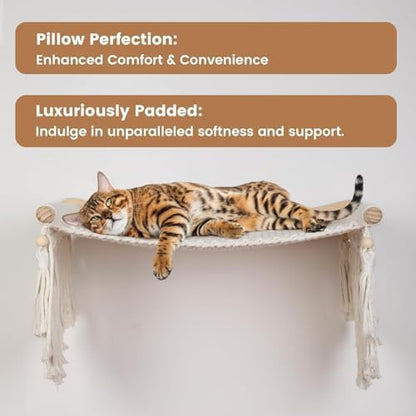 Macrame Cat Wall Shelves & Hammock - Comfy Cat Beds with Window Perch for Indoor Cats, Sleeping & Climbing, Cotton Rope, Natural Wood, Maximum Hold up to 30lb, Beige White - Image 4