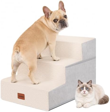 Dog Stairs for Small Dogs, 13.5" H, 3-Step Pet Steps for Bed Couch Sofa and Chair, Non-Slip Balanced Pet Ramp for Injured & Senior Pets with Washable Cover and Durable High Density Foam,Beige by NAPWAYS