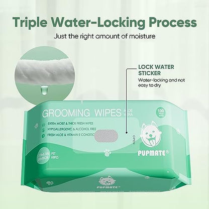 Pet Wipes for Dogs & Cats, Extra Moist & Thick Grooming Puppy Wipes with 300 Fresh Counts, Aloe Vera/Nature (3 Pack) - Image 3
