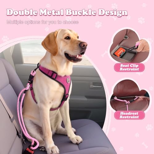 Pawaboo Dog Seatbelt for Car, Reflective Rope with Heavy Duty Buckle, Pink - Image 2