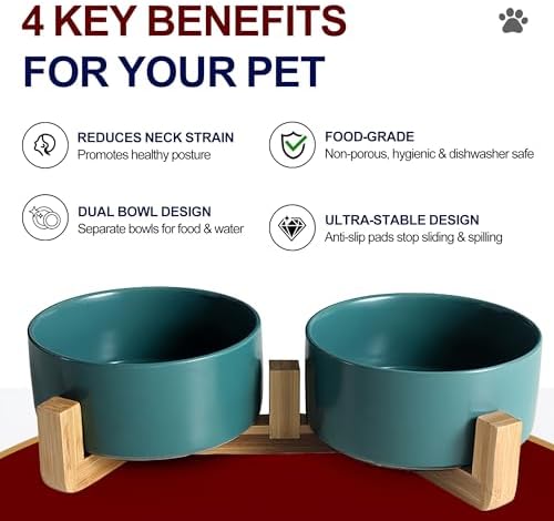 Dog Food Bowl Set, 28.7 oz Ceramic Bowls with Wood Stand, Green - Image 2