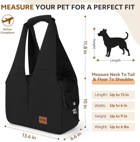Dog Purse Carrier for Small Dogs and Cats, Soft-Sided Pet Tote Bag with 6 Large Pockets, Collapsible Travel Puppy Carrier with Small Cushion, Fits Pets up to 6 lbs (Black, 13.6" L x 6.6" W x 10" H) - Image 2