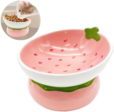Hamiledyi Ceramic Raised Cat Bowls 15° Tilted Elevated Kitten Food Water Bowl Shallow Whisker Fatigue Kitty Dish Fruit Pet Feeding Bowls Feeder for Indoor Cats Small Dog (Pink Strawberry) by Hamiledyi