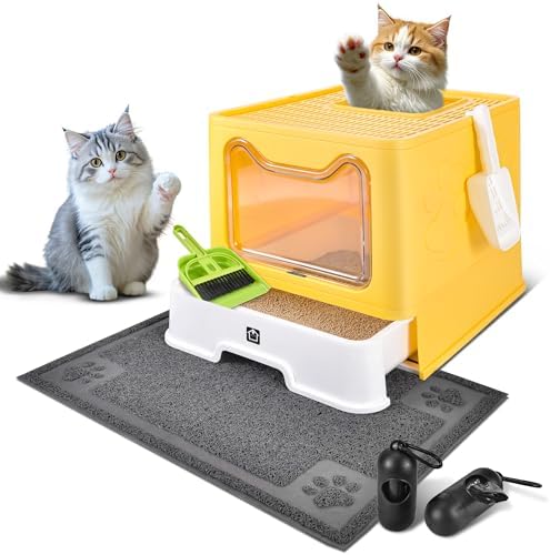 Covered Cat Litter Box, Extra Large Drawer Design with Dual Entry, Yellow by HOMAGICO