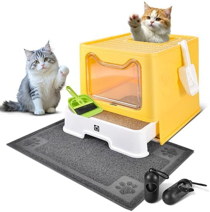 Covered Cat Litter Box, Extra Large Drawer Design with Dual Entry, Yellow by HOMAGICO