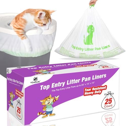 Cat Litter Box Liners Compatible with Top Entry Litter Pans Model, Heavy Duty Tear Resistant Large Litter Pan Liners 25 Count Drawstring Litter Liner Bags by VoagLukPetLife