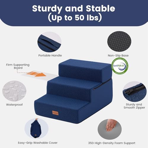 Gardner Pet Dog Stairs for Small Dogs 14" H, 3-Step Extra Wide Dog Steps for Bed, Pet Stairs for Bed and Couch with Durable Non-Slip Waterproof Fabric Cover and Soft Foam, Navy - Image 4