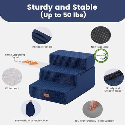 Gardner Pet Dog Stairs for Small Dogs 14" H, 3-Step Extra Wide Dog Steps for Bed, Pet Stairs for Bed and Couch with Durable Non-Slip Waterproof Fabric Cover and Soft Foam, Navy - Image 4