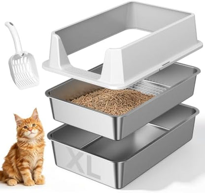 Stainless Steel Sifting Cat Litter Box for Pine Pellets, Light Gray by Tevila