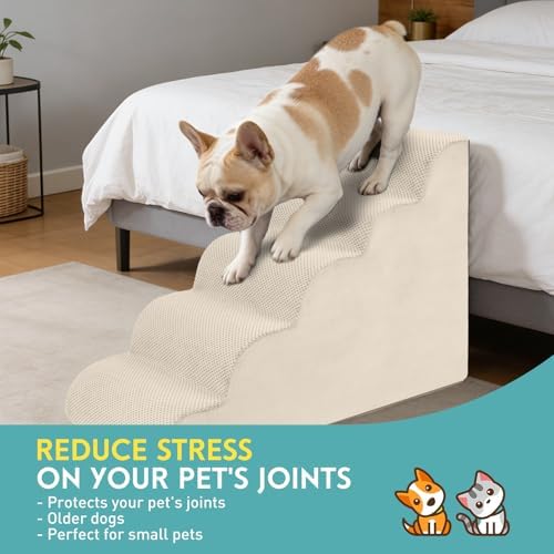 Dog Stairs for Small Dogs, Pet Stairs Steps Ramp for Puppy, Older Cat, Stairs with Whole High Density Foam, Corduroy Fabric, Non-Slip Bottom Dog Steps for Bed and Couch (Beige, 5-Step (H: 22.8IN)) - Image 4