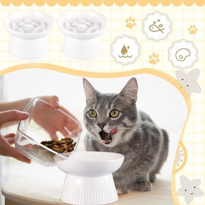 Layhit 2 Pack Raised Slow Feeder Cat Bowls Ceramic Elevated Cat Food Bowls Anti Vomiting Slow Feeder for Dog and Kitten for Dry and Wet Food(White) - Image 5