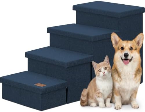 Zerbuger Dog Stairs with Storage, Navy Blue 4 Steps Dog Ramp no Condo by Zerbuger