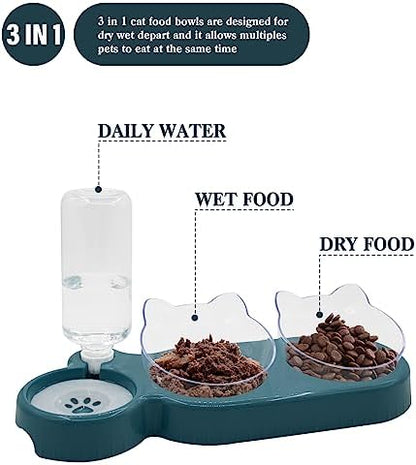 Triple Dog Cat Bowls, 15 Tilt 3-in-1 Water Feeder Bowls with Automatic Water Bottle Bowl, Removable Cat Wet and Dry Food Bowl Set for Small Cat and Puppy (Navy Blue) - Image 2