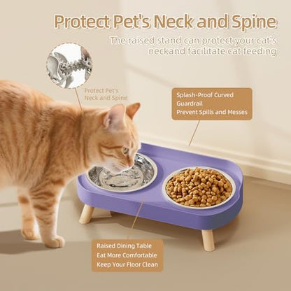 Elevated Cat Bowl, Raised Cat Food and Water Bowl Set for Indoor Cats, Splash Proof with 2 Stainless Steel Pet Food Bowls for Cats and Puppies, Whisker Fatigue and Dishwasher Safe - Purple - Image 2