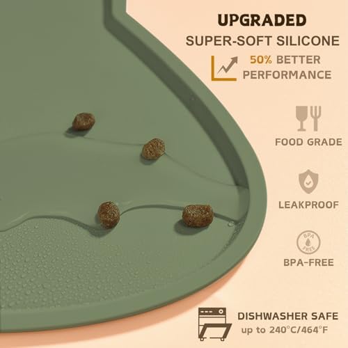 Cat Food Mat, Silicone Non Slip Dog Bowl Mat Waterproof Cat Feeding Mat Stop Food Spills and Water Messes Out to Floor Pet Food Mat (Olive Green, 17" x 10") - Image 3