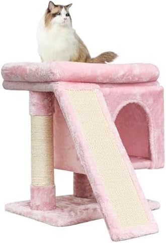 SYANDLVY Small Pink Cat Tree with Perch for Indoor Cats, Cat Tower with Scratching Post, Modern Activity House for Large Cats, Condo with Board, Kittens Cave by SYANDLVY