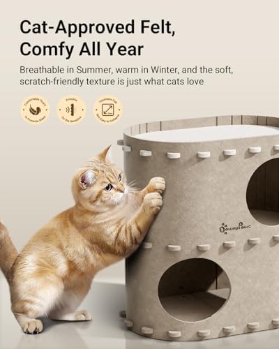DownyPaws Cat House for Indoor Cats, 2-Storey Cat Bed Cave, Cream - Image 3