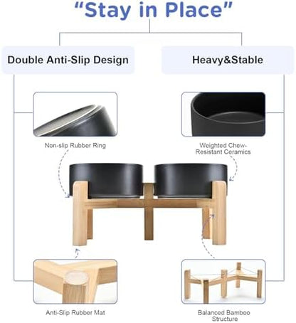 SPUNKYJUNKY Elevated Dog Bowls Ceramic, 6.1'' Dogs and Cat Food Water Bowls Raised with Non-Slip Bamboo Stand for Medium Sized Breed Microwave Dishwasher Safe - 28.7 OZ,Black - Image 4