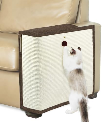 Upgraded Cat Scratch Furniture Protector,Cat Scratch Sofa Arm Sheild with 27.6’‘L*19.6’‘W Natural Sisal and Scratch Ball for Protecting Couch Sofa Chair Furniture (Brown/Left Handed) by Oroonoko