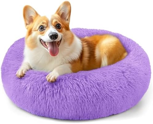 28in Large Dog Bed, Calming Donut Bed for Puppy and Kitten (Purple) by Hoewina
