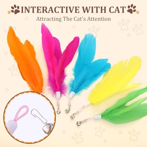 60 Pcs Cat Wand Feather Toy Refills Colorful Replacement Feather Attachments with Bell Natural Fit Cat Toy Universal Interactive Fishing Pole Teaser Attachment for Indoor Kitten(Feather-mix) - Image 3