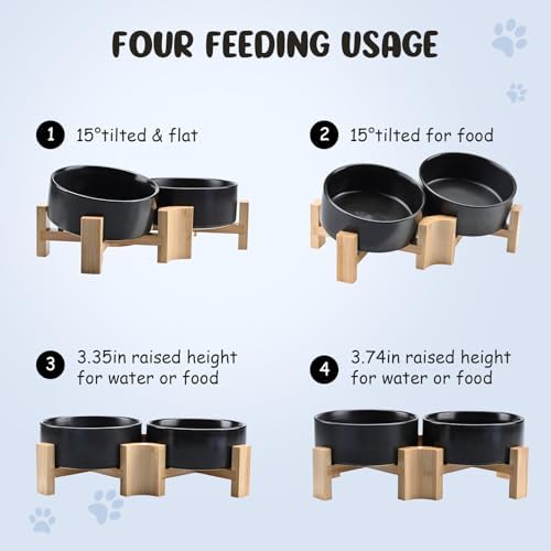 SPUNKYJUNKY 15° Slanted Ceramic Dog and Cat Bowl with Wooden Stand, Tilted Bulldog Food and Water Bowl No Slip Non-Spill for Cats Medium Dogs Big Face Pets 13.5 OZ (1.7 Cups, Black × 2) - Image 3
