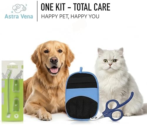 Premium 3-in-1 Pet Grooming Kit - Electrostatic Pet Hair Removal Glove with Safety Nail Scissors & Dual-Ended Toothbrush Set - Gentle Deshedding Mitt for Dogs, Cats & Furniture - All-in-One Care Pack - Image 2