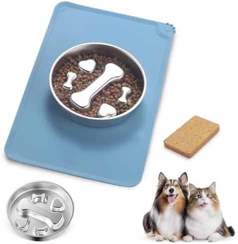 Stainless Steel Slow Feeder Dog Bowls – Non-Slip Metal Dog Bowl for Large & Medium Breeds, Puppy Puzzle Feeder – 2 Cup Capacity for Small to Big Pets – Durable Slow Feed Dog & Cat Food Dish with Mat by Unknown