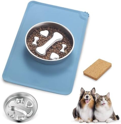 Stainless Steel Slow Feeder Dog Bowls – Non-Slip Metal Dog Bowl for Large & Medium Breeds, Puppy Puzzle Feeder – 2 Cup Capacity for Small to Big Pets – Durable Slow Feed Dog & Cat Food Dish with Mat by Unknown