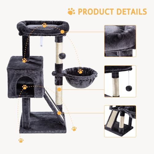 SHA CERLIN Cat Tree 36 Inches Cat Tower with Hammock, Sisal Scratching Post for Indoor Kittens, Small Room, Smoky Grey - Image 4