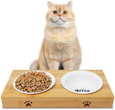 Elevated Cat Bowls,Shallow Wide Whisker Friendly Cat Food & Water Bowl Set by Tekcoo
