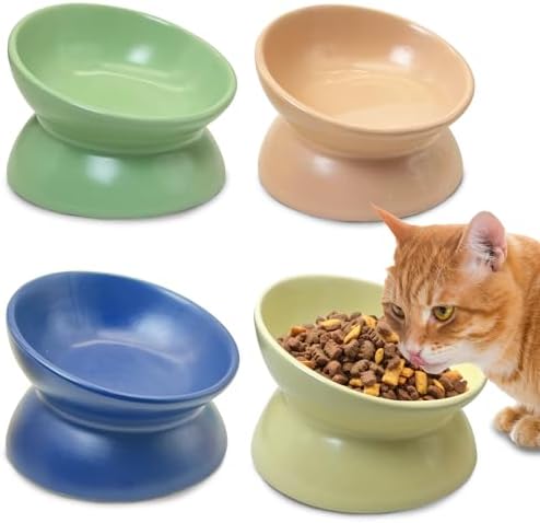 kathson 4 Pcs Ceramic Raised Cat Bowls, Elevated Tilted Cat Food Bowl, Anti Vomiting Pet Food Bowl, Colorful Porcelain Pet Feeder Dish for Cats and Small Dogs,Stress Free, Whisker Fatigue by kathson