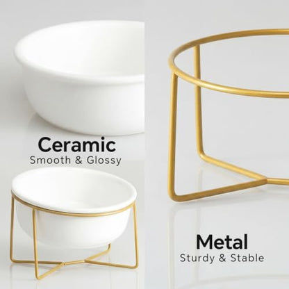White Small Ceramic Tilted Elevated Cat Dog Bowl Raised Cat Food Water Bowl Dish Pet Comfort Feeding Bowls with Gold Iron Stand - Image 5