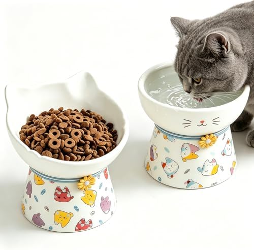 Elevated Ceramic Cat Bowls，15° Tilted Raised Cat Food Bowl, Anti Vomiting Pet Feeder, Protect Pet's Spine, Feeding Dish for Indoor Kittens and Small Dogs,（ Cat Pattern） by Unknown