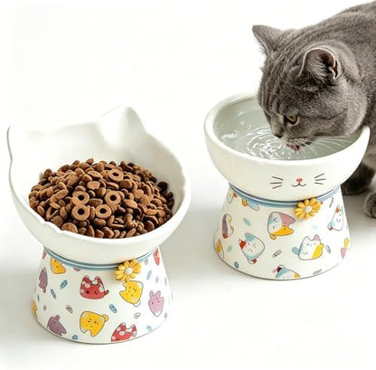 Elevated Ceramic Cat Bowls，15° Tilted Raised Cat Food Bowl, Anti Vomiting Pet Feeder, Protect Pet's Spine, Feeding Dish for Indoor Kittens and Small Dogs,（ Cat Pattern） by Unknown