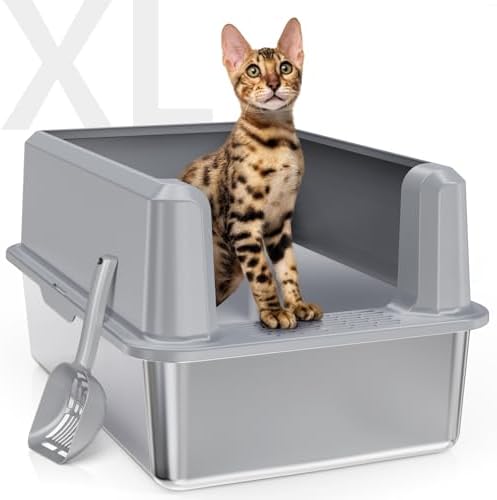 WoofiGo Enclosed Stainless Steel Cat Litter Box with Lid, XL Extra Large Litter Box for Big Cats, Metal Litter Pan High Sided, Never Absorbs Odors, Anti-Urine Leakage, Include Scoop (SH-Light Gray) by CatLitterBox