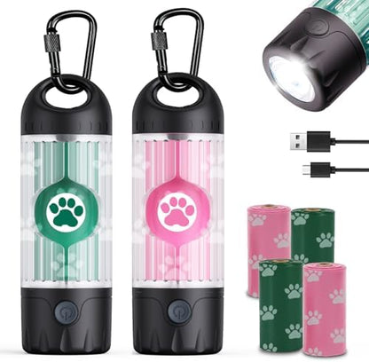 Tubasion 3-in-1 Dog Poop Bag Holder with Flashlight 7-Color, USB-C Rechargeable doggie bag holder for leash, IPX6 Waterproof Anti-Slip Clip Pet Waste Bag Dispenser for Walking (2 Dispensers, 60 Bags) by Tubasion