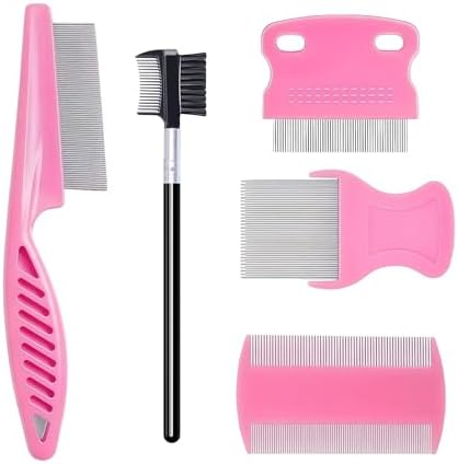 MEDUWEDU 5 Pack Flea & Lice Comb Set for Cats, Dogs & Kids – Stainless Steel Fine Tooth Nit Comb Kit with Double-Sided Tear Stain Remover, Grooming Brush & Peine para Piojos for Thick Hair (Pink) by MEDUWEDU