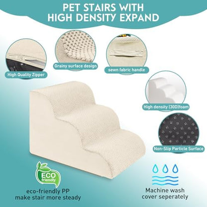 Dog Stairs for Small Dogs, Pet Stairs Steps Ramp for Puppy, Older Cat, Stairs with Whole High Density Foam, Corduroy Fabric, Non-Slip Bottom Dog Steps for Bed and Couch (Beige, 3-Step (H: 15.7IN)) - Image 5